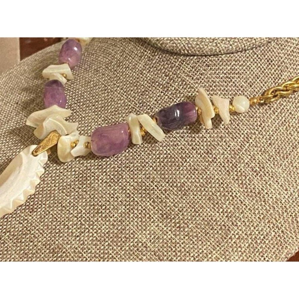 Miriam Haskell Goldtone Amethyst and MOP Shell Pendant Necklace 23" - Picture 6 of 8